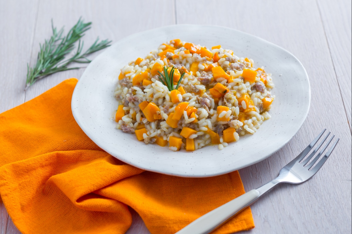 Risotto con calabaza y salchicha