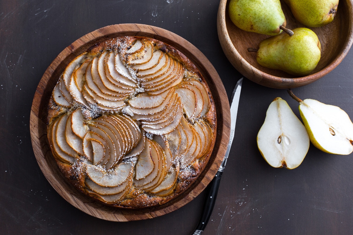 Tarta de ricotta, peras y chocolate